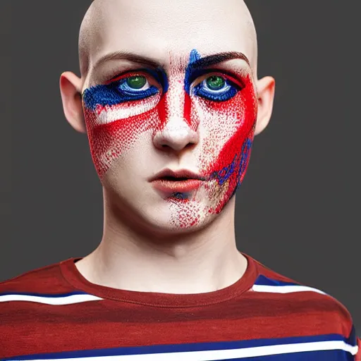 Image similar to red blue stripes t shirt attractive teenager buzz cut hunter eyes high - quality highly detailed photo realistic 8 k