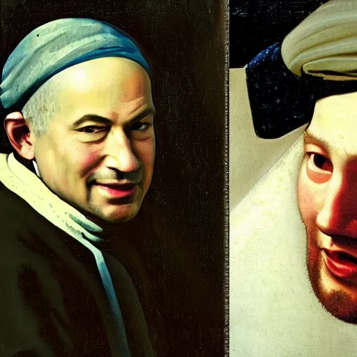 Image similar to a portrait of Benjamin Netanyahu smiling with a pearl earing in the style of Johannes Vermeer