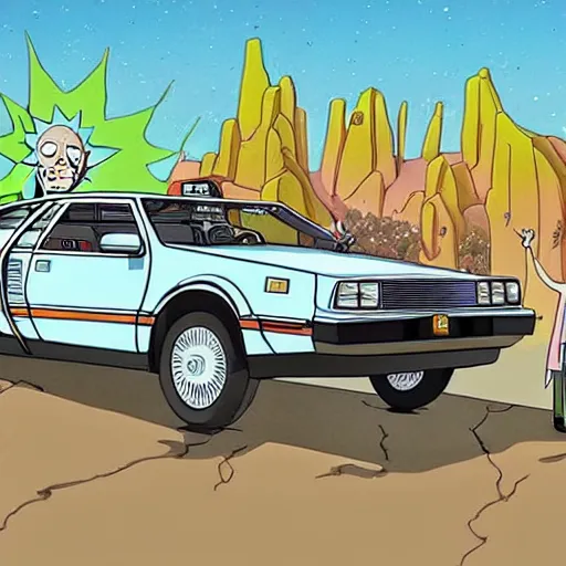 Prompt: rick and morty riding a 1983 DMC DeLorean, high quality