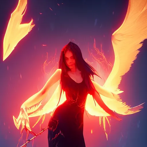 Prompt: young vampire princess witch summons with burning wings 4 k high definition dramatic lighting artstation trending path traced contrast light and dark cinematic breathtaking by dore, gustave