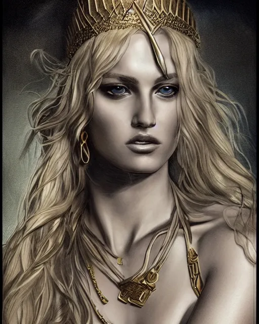 Image similar to tattoo sketch of hot blonde super model as aphrodite greek goddess wearing a gold laurel wreath and triangle earrings, beautiful piercing gaze with sharp pupils, in the style of greg rutkowski, fantasy, amazing detail, epic, elegant, smooth, sharp focus, front view