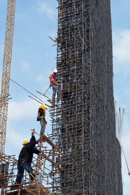 Image similar to towering giant helping tiny construction workers build a building. brick by brick, stone by stone.