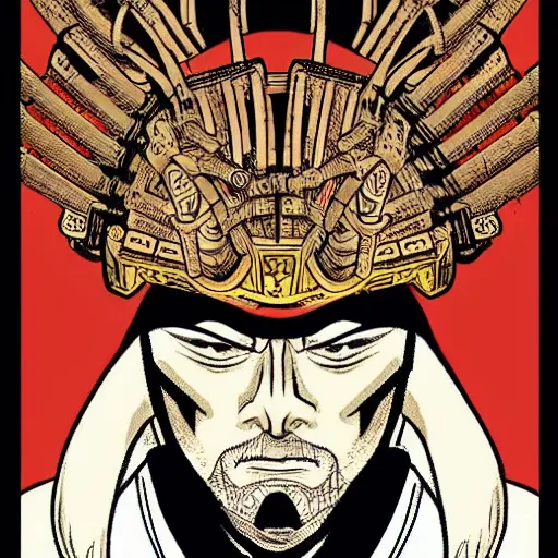 Prompt: a powerful japanese samurai wearing a archdemon mask, detailed face, highly detailed, face symmetry, character concept portrait by moebius and laurie greasley, colorful, profile picture, 8 k, cinematic color grading