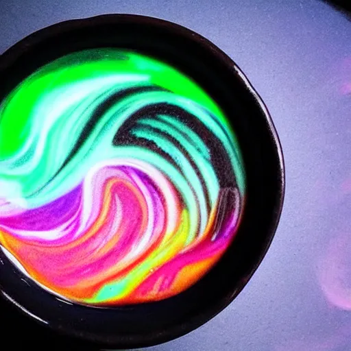 Prompt: caffe latte art that looks like aurora borealis, 4 k, trending, good lighting, professional, wow, skilled artist