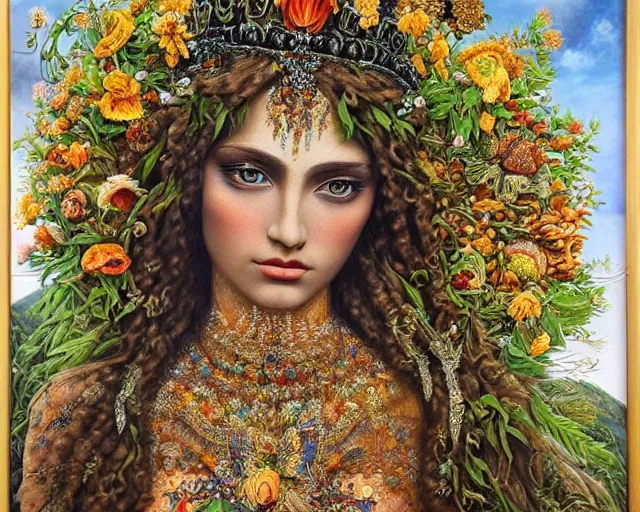 Image similar to A beautiful goddess, queen of nature, Gaia, intricate and ornate details, detailed, hyper-realistic, oil on canvas, surreal
