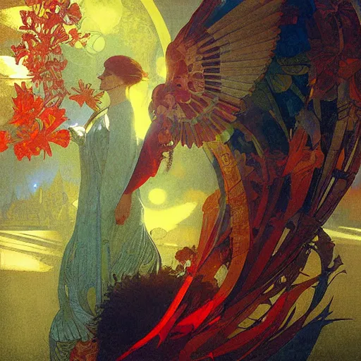 Image similar to the solarpunk phoenix, red bird, volumetric light, bokeh, painting by greg rutkowski by alphonse mucha