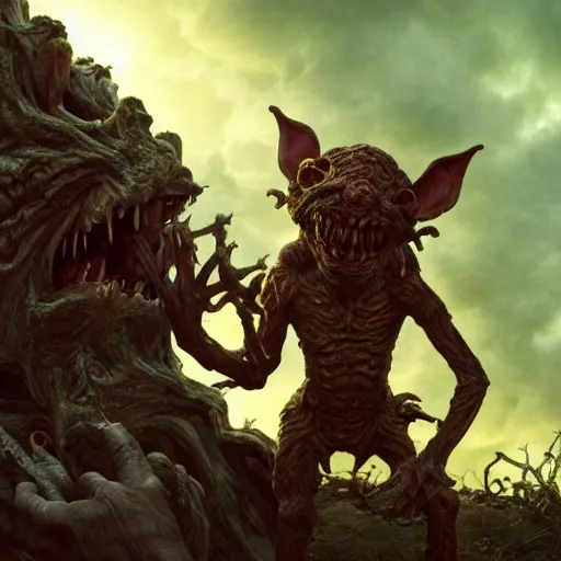 Image similar to a highly detailed photographic render of a goblin devouring a god, goblin eating gods, horror, dark fantasy, beautifully lit, ray traced, octane 3D render in the style of Gerald Brom and James Gurney