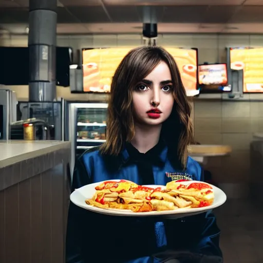 Image similar to ana de armas portrait working in a fast food restaurant, in a cinematic cyberpunk style, 3 5 mm