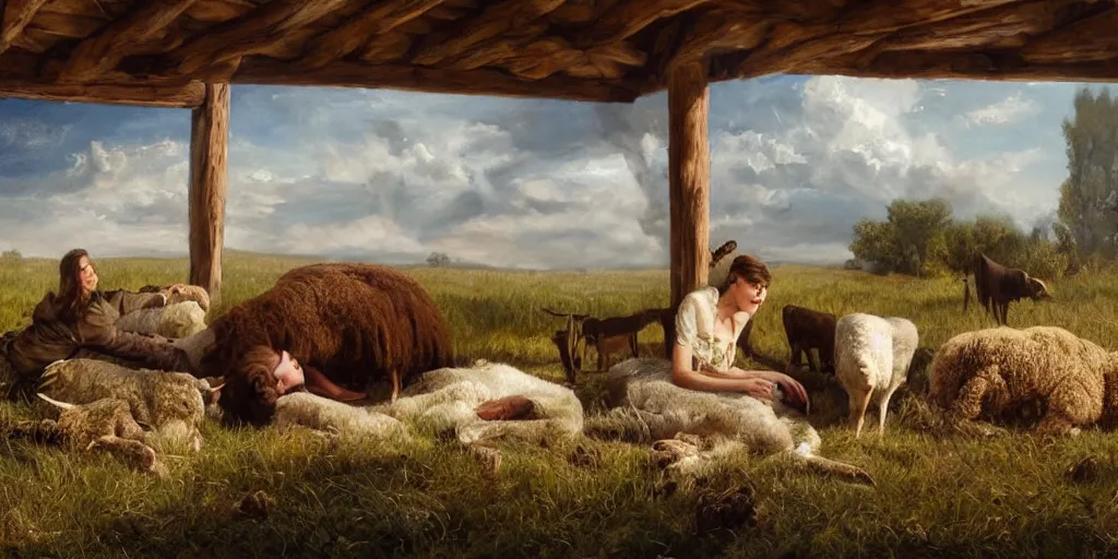 Prompt: oil painting of Mila Jovovich in-the-old-west inspecting a dead sheep at the cabin on the prairie, realistic, volumetric lighting, cinematic