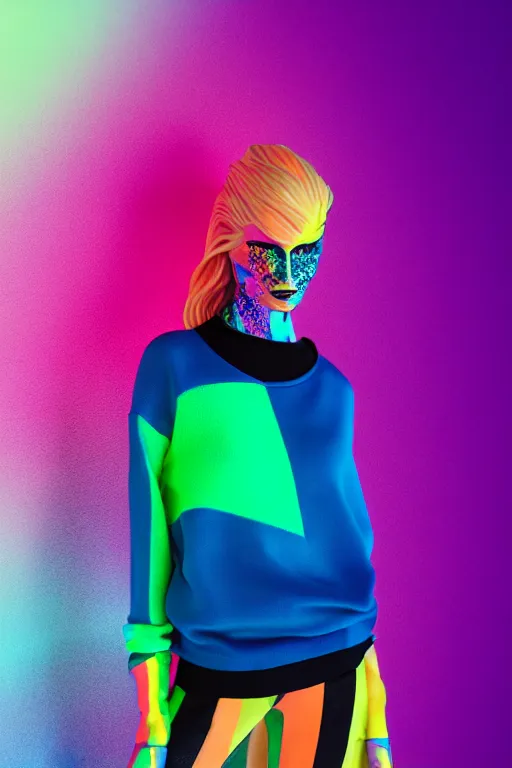 Prompt: stylish pullover for a rave bright colors, many details, photo for a magazine, photo for a store, fashion photography, Vogue, cinematic, hyper realism, high detail, octane render, 8k, very coherent symmetrical work, perfect face model, full length photo, Upper and lower body,Soft shadows on the face, white eyes, photographer style by Nik Night Erik Madigan Hec and Walter Chin and Camilla Akrans and Miles Aldridge