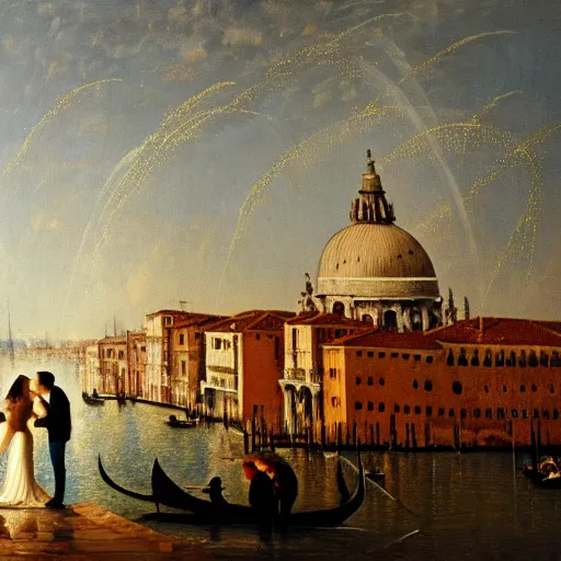 Image similar to an oil painting of couple kissing, in a background fireworks in venice