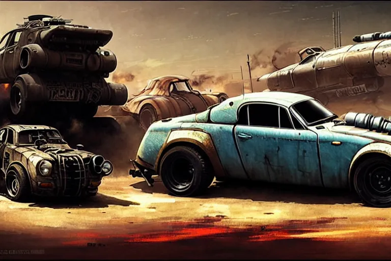 Image similar to dieselpunk mad max's alpine a 1 1 0 van, painted by greg rutkowski makoto shinkai takashi takeuchi studio ghibli, akihiko yoshida