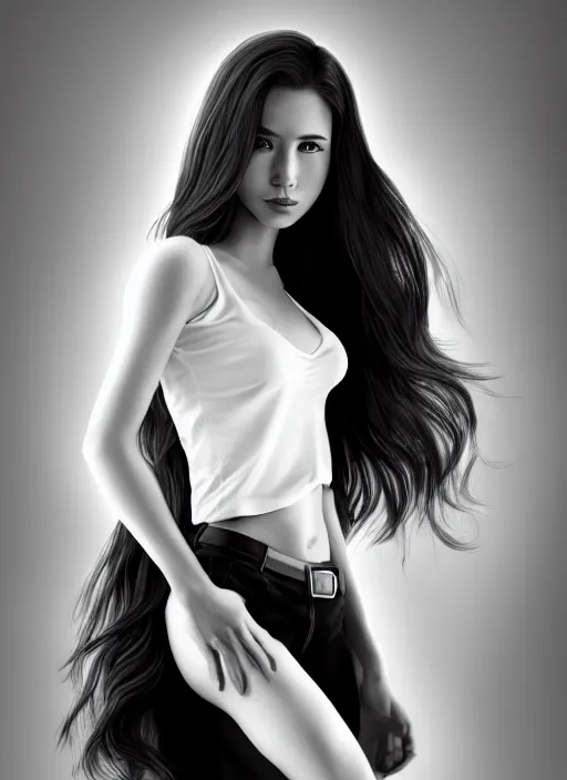 Image similar to full body portrait of a beautiful young woman in black and white, photorealistic, hair down to waist, sharp focus, in the style of Kevin Kostic, Stephen Lau and artgerm, hyper sharp focus, 8k highly detailed