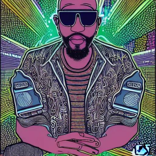 Prompt: intricate detailed artwork of a futuristic dj black coffee at hilife nightclub rave in Ibiza playing afro house music using cdj mixer, in the style of Geof Darrow, no hair, vr sunglasses, beard, wires, speakers, neon
