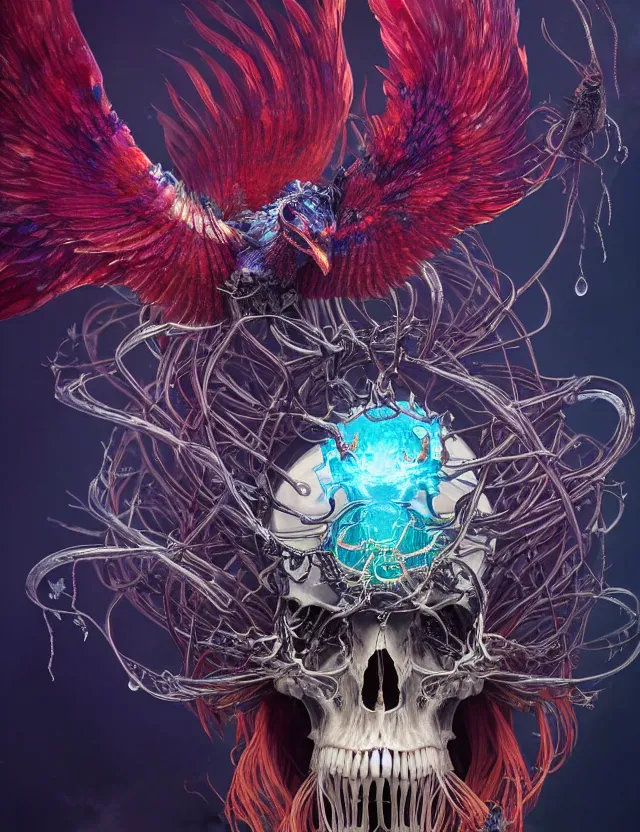 Image similar to witch phoenix macro close - up portrait with crown made of ram skull. phoenix, betta fish, jellyfish, bioluminiscent, plasma, ice, water, wind, creature, super intricate ornaments artwork by tooth wu and wlop and beeple and greg rutkowski