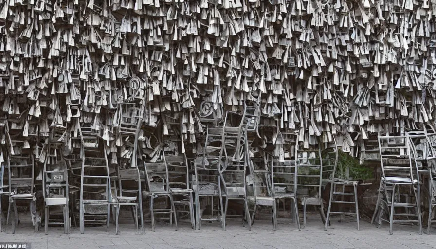 Prompt: chairs piled up ten meters high along the walls of the street, hyperrealistic shaded