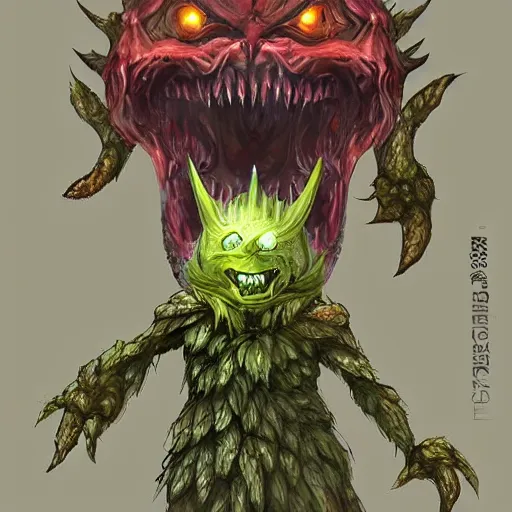 Image similar to A fierce plant monster with mean eyes and an evil smile, trending on art station