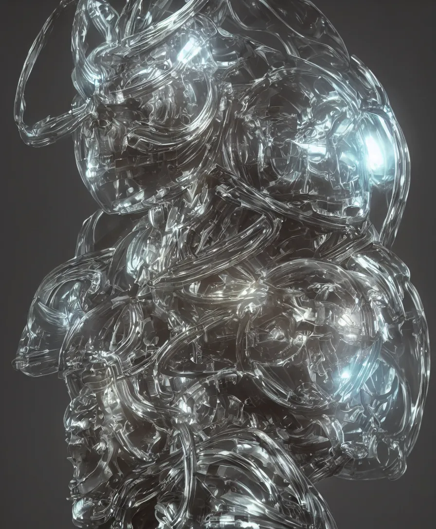 Prompt: centered artwork. horizontally symmetrical artwork. high contrast. increased sharpness. depth of field. close-up portrait of one biomechanical lich with halo, with transparent skin made of glass, by jarold Sng and Stephen Oakley, octane render, by greg rutkowski, artstation, matte painting, 3d render