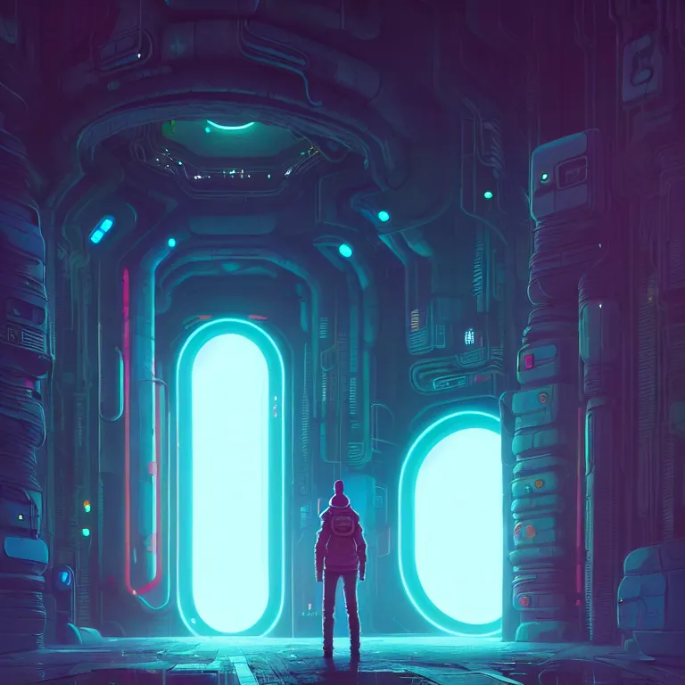 Image similar to a person standing in front of a portal, cyberpunk, epic surrealism, detailed digital matte painting in the style of simon stalenhag, josan gonzalez, artstation, psychedelic