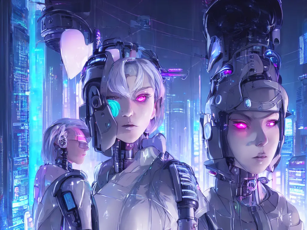 Prompt: portrait grey hair anime visual futuristic female cyber police, on cyberpunk neon light tokyo rooftop, ssci - fi and fantasy, intricate and very beautiful, human structure, concept art, sharp focus, anime by simon stalenhag and rossdraws and magali villeneuve and liya nikorov and luxearte, frostine engine