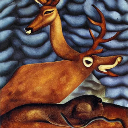Prompt: a deer with the face of a woman lying on the ground, by frida kahlo