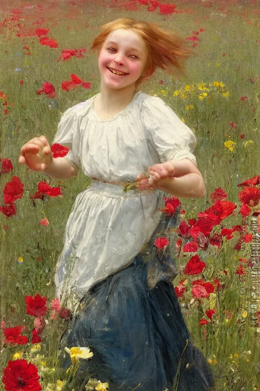 Image similar to Solomon Joseph Solomon and Richard Schmid and Jeremy Lipking victorian genre painting portrait painting of a laughing young village girl in an open field of flowers, red background