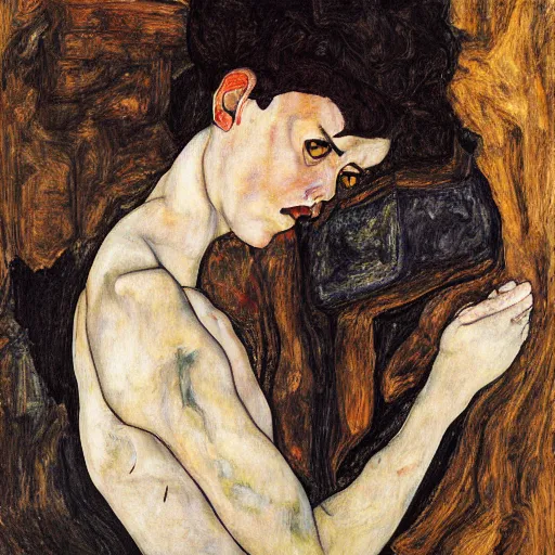 Image similar to a highly detailed painting by egon schiele of a young woman with black hair having an existential crisis in the centre of rome, 4 k