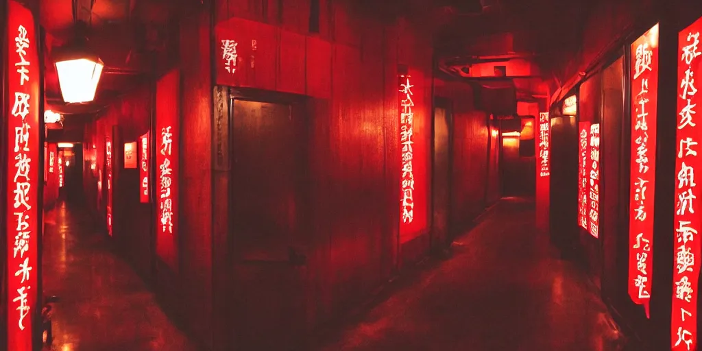 Image similar to spooky photo of a dark infinite hallway of a japanese izakaya with open lit doorways all the way down, dramatic lighting, smoke, ceiling fluorescent lighting, black and red colour palette