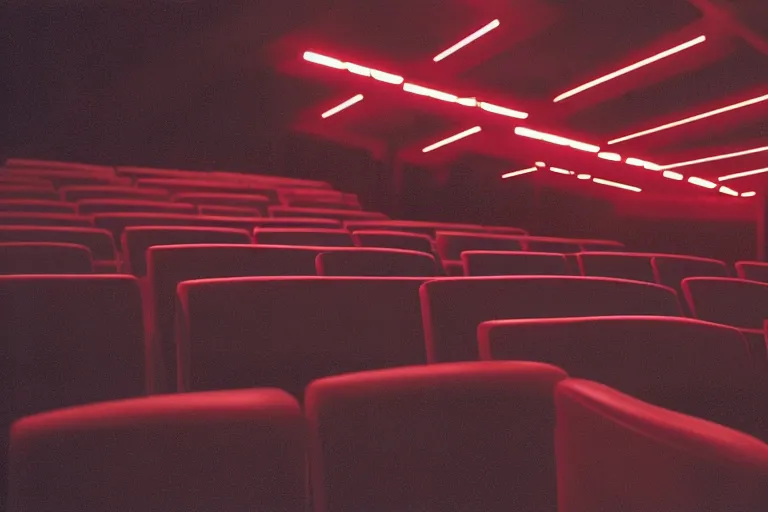 Prompt: a dark conference hall, half full, atmospheric and obscure, red neon light, by roger deakins, cinematography, syd mead