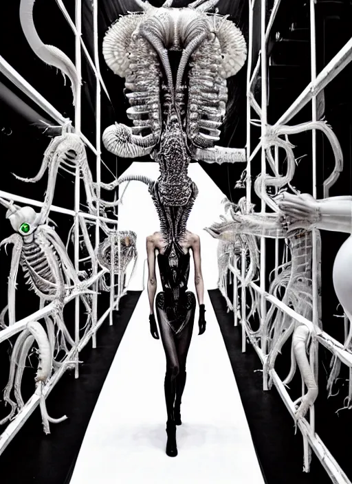 Image similar to walking down the catwalk, steven klein, h. r. giger, show, stage, vogue photo, podium, fashion show photo, historical baroque dress, iris van herpen, beautiful woman, full body shot, masterpiece, inflatable shapes, alien, predator, guyver, jellyfish, white biomechanical details, highly detailed