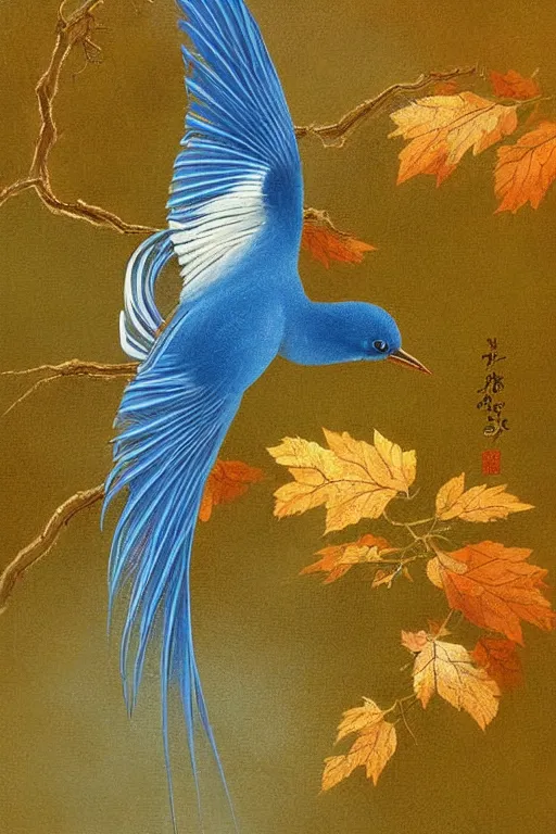 Prompt: meticulous painting, A small, delicate bird with pale blue plumage and long, skinny legs. It is hopping on the ground, searching for food. The background is a beautiful blue sky on a autumn day. by xue ji, bian luan, Ferdinand Knab, bob ross