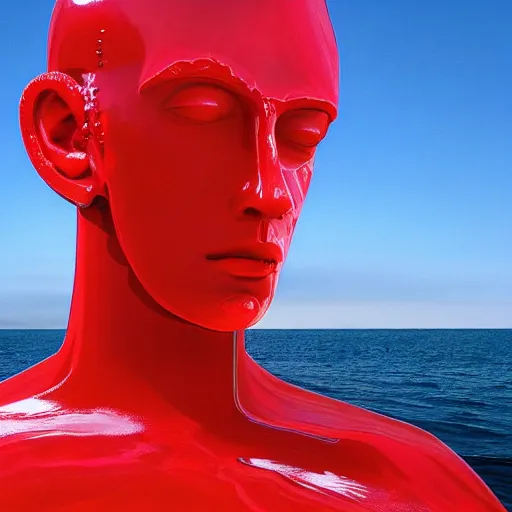 Image similar to a giant human head sculpture in the sea made out of juicy and half transparent red jelly, in the style of chad knight, long shot, hyper detailed, hyper realistic, ray tracing, 8 k resolution, sharp focus, realistic water, award winning