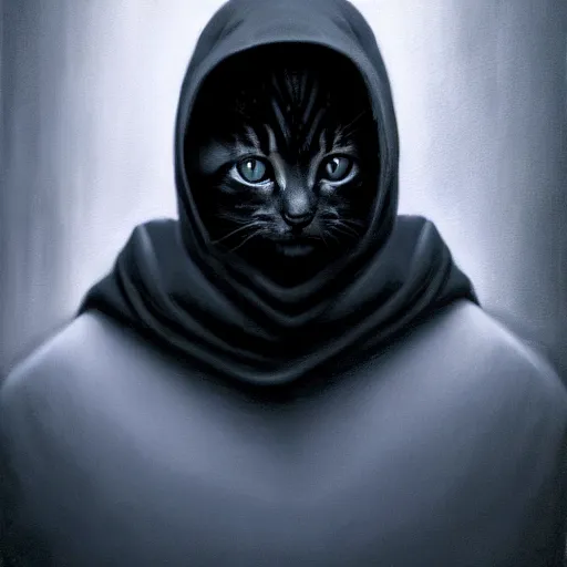 Image similar to a portrait of a kitten wearing a black hood, cloak covering face, anatomically correct, beautiful perfect face, enigmatic, oil painting, matte, black background, Volumetric dynamic lighting, Highly Detailed, Cinematic Lighting, Unreal Engine, 8k, HD, by Beksinski