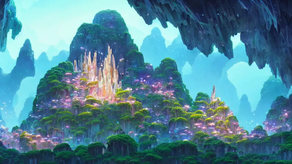 Prompt: crystal cave, clusters of crystals, studio ghibli, pixar and disney animation, sharp, rendered in unreal engine 5, highly detailed, digital painting, artstation, concept art, smooth, sharp focus, illustration, wide angle, artbook, wallpaper, splash art, promo art, dramatic lighting, art by artgerm and greg rutkowski and bo chen and jin xiaodi