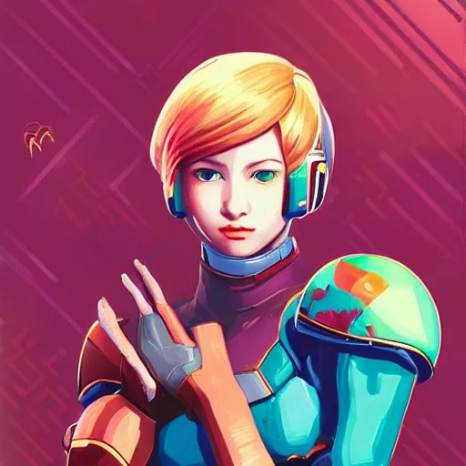 Prompt: portrait of beautiful Samus Aran, League of Legend illustration by Sachin Teng