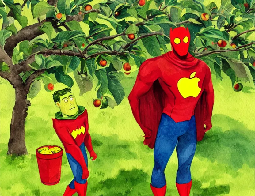 Prompt: cider - man, the superhero who really likes apple juice, in an orchard. this watercolor painting by the award - winning comic artist has dramatic lighting, an interesting color scheme and great sense of depth.