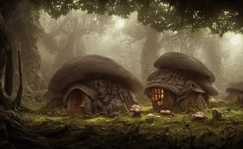 Prompt: A mushroom house!!!!, in a dark forest, macro, cool tones, underexposed, overecast, mysterious matte painting by greg rutkowski and marc simonetti and Ivan Shishkin, 4k