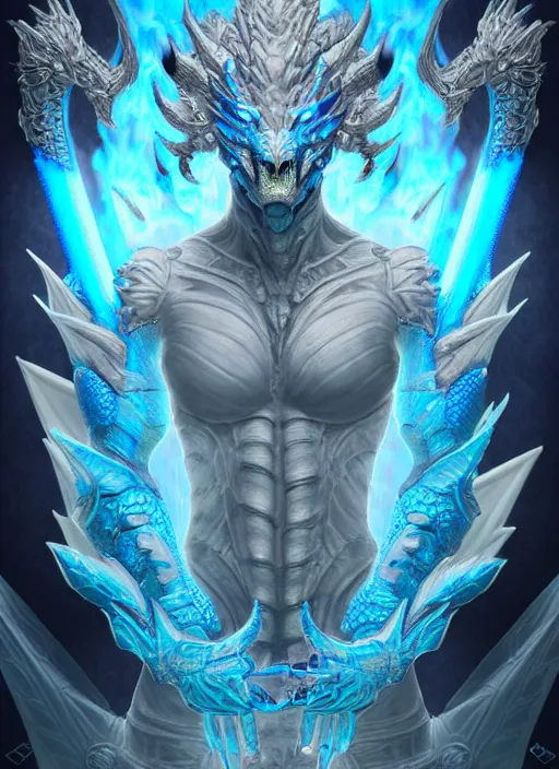 Image similar to muscular and tall blue ghostly fire humanoid dragon!!!! draconian!! intricate ornate iridescent heavy armor!! character concept art, sharp focus, octane render! unreal engine 5! highly rendered!! trending on artstation!! detailed linework!! illustration by artgerm, wlop, and chie yoshii