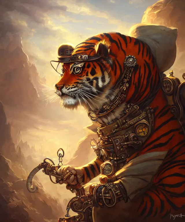 Prompt: a portrait an anthropomorphic steampunk tiger driving a train, landscape in background, cute and adorable, dnd character art portrait, well rendered matte fantasy painting, deviantart artstation, by jason felix by steve argyle by tyler jacobson by peter mohrbacher, cinematic lighting