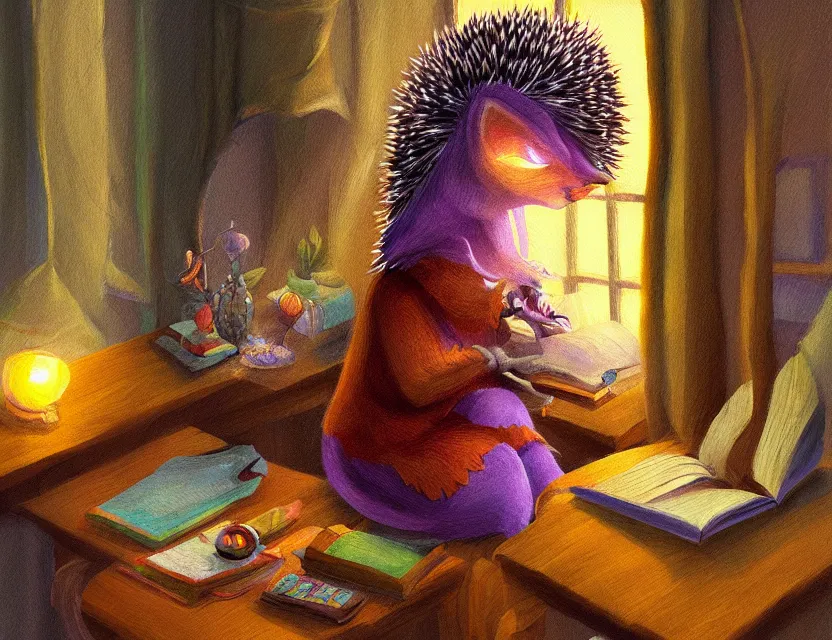 Prompt: hedgehog witch in a cozy study. complementary colors, oil painting, indie concept art, bloom, chiaroscuro, backlighting, intricate details.