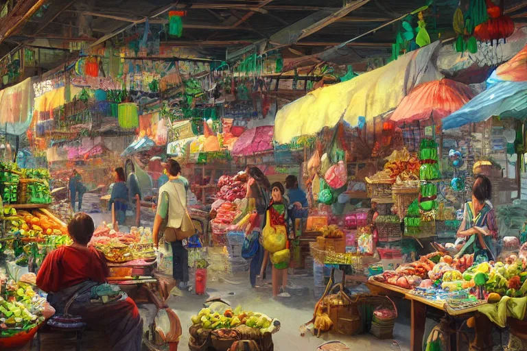 Image similar to a beautiful painting of a jungle market, Feng Zhu, digital art, artstation