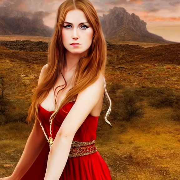 Prompt: Portrait of a young half elven woman with a beautiful red dress, lots of jewelry, Blonde long hair. freckels in hee face. Desert Hills in the background. Sharp Image. Detailed digital art.