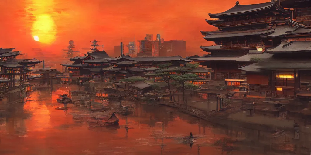 Prompt: Hyper-futuristic, traditional Japanese-themed city during a sunset, tonalism style, trending on Artstation, 8k, 4k, high-res, digital art