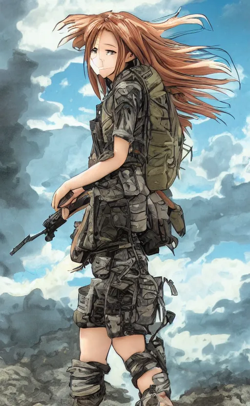 Image similar to soldier girl running in smoke and dirt, trading card front, anime style, long hair, hair down, symmetrical facial features, symmetrical body features, from girls frontline, hyper realistic, pale skin, 4k, rule of thirds, extreme detail, detailed drawing, trending artstation, hd, fantasy, D&D, realistic lighting, by Alphonse Mucha, Greg Rutkowski, sharp focus, backlit, soldier clothing, realistic military gear