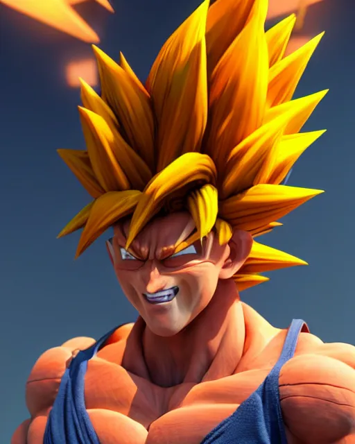 Image similar to 3 d high octane render, 8 k cgi, unreal engine, photorealistic goku, portrait, dynamic lighting, photorealistic, unreal engine, octane, ultra detailed, detailed faces, hd quality