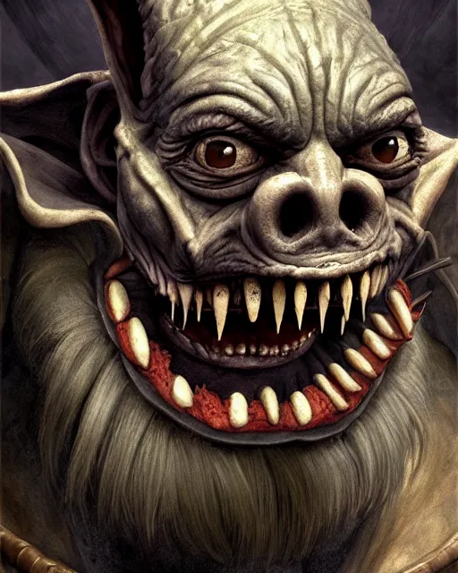 Image similar to closeup profile face portrait of a medieval goblin eating cakes in the cathedral, beautiful face, hyper realistic, highly detailed, digital painting, artstation, illustration, concept art by hyung tae, frank frazetta, bosch, giger, digital paint, matte paint, washed colors, dark, gloomy, detailed and intricate environment