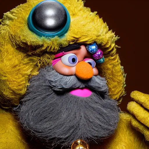 Image similar to an artificer dwarf muppet with a big beard and an obsession for gold and gems who loves to sleep on rocky terrain, sesame street, photograph, photography, ultrarealistic, national geographic