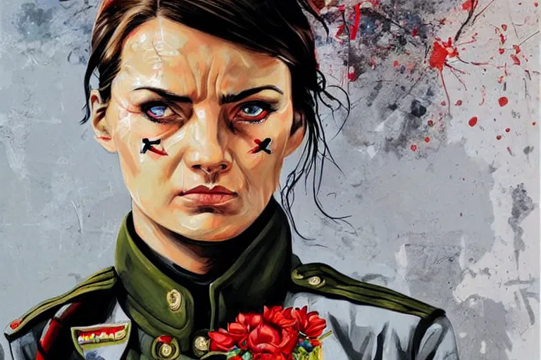 Image similar to a sad female soviet soldier, art by Sandra Chevrier