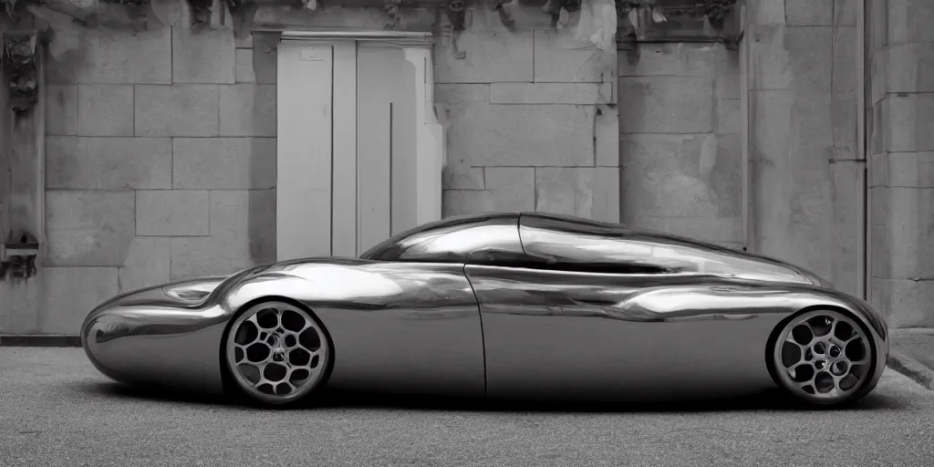 Image similar to Photo of a chrome sports car designed by Rene Magritte, sigma 50mm, ƒ/8, hyper detailed.