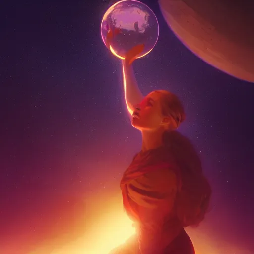 Image similar to a beautiful, powerful woman sitting in space, reaching her hand out toward the camera, emanating magic from her palms, cgsociety contest winner, illustrated by mike beeple winklemann, greg rutkowski, and gaston bussiere, space art, portrait art, artstation, 4 k, 8 k